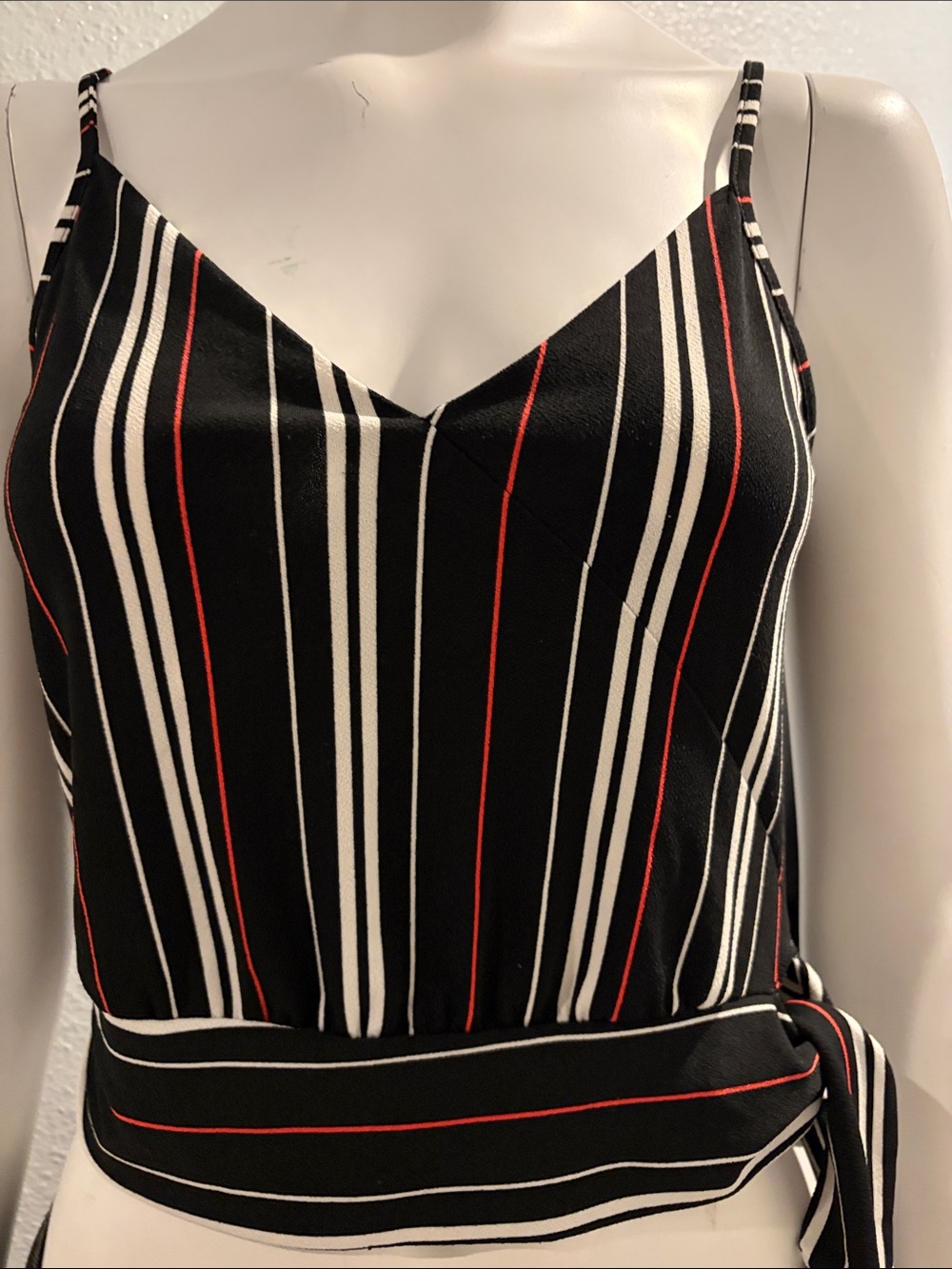 Striped V-Neck Tie-Waist Cami — Black, White & Red  made by express size XS